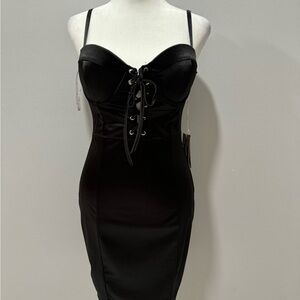 Discovery Black Satin Dress with Lace-Up Detail